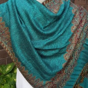 Teal and Bronze Reversible Border Pashmina Scarf Paisley Pashmina Women Shawls